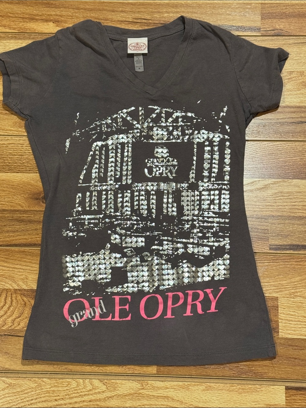 Ole Opry Women's Black Sequin V-Neck Tee with Pink Logo